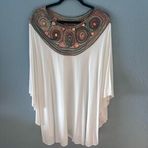 Rita Embroidered white Poncho tunic Top.  One size.  Billowy sleeves